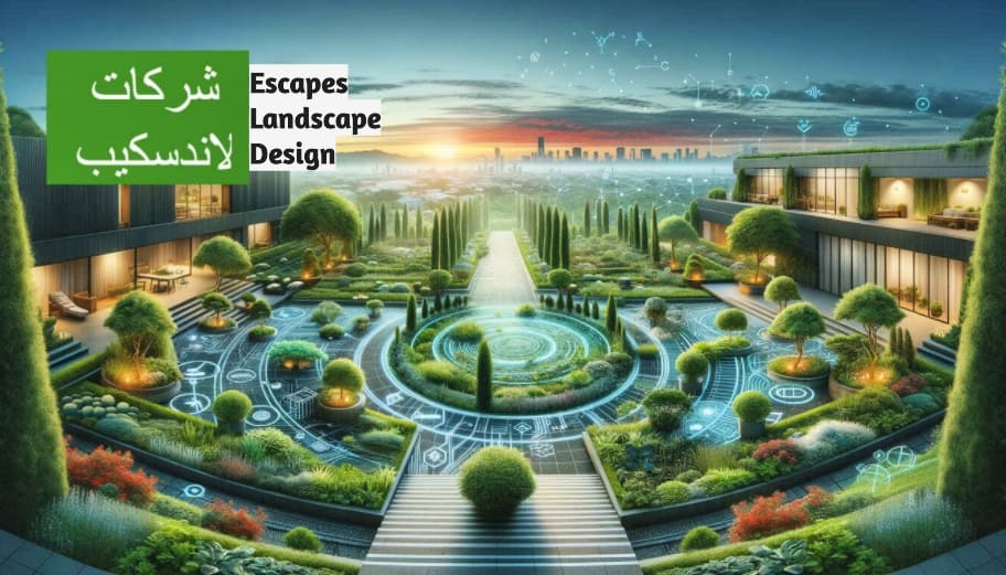 منظر بانورامي لتنسيق حدائق معاصر يعرض مزيجاً من الطبيعة والتكنولوجيا، مع نظام ري ذكي وشبكة تصميم استدامي تُبرز إبداع شركات لاندسكيب