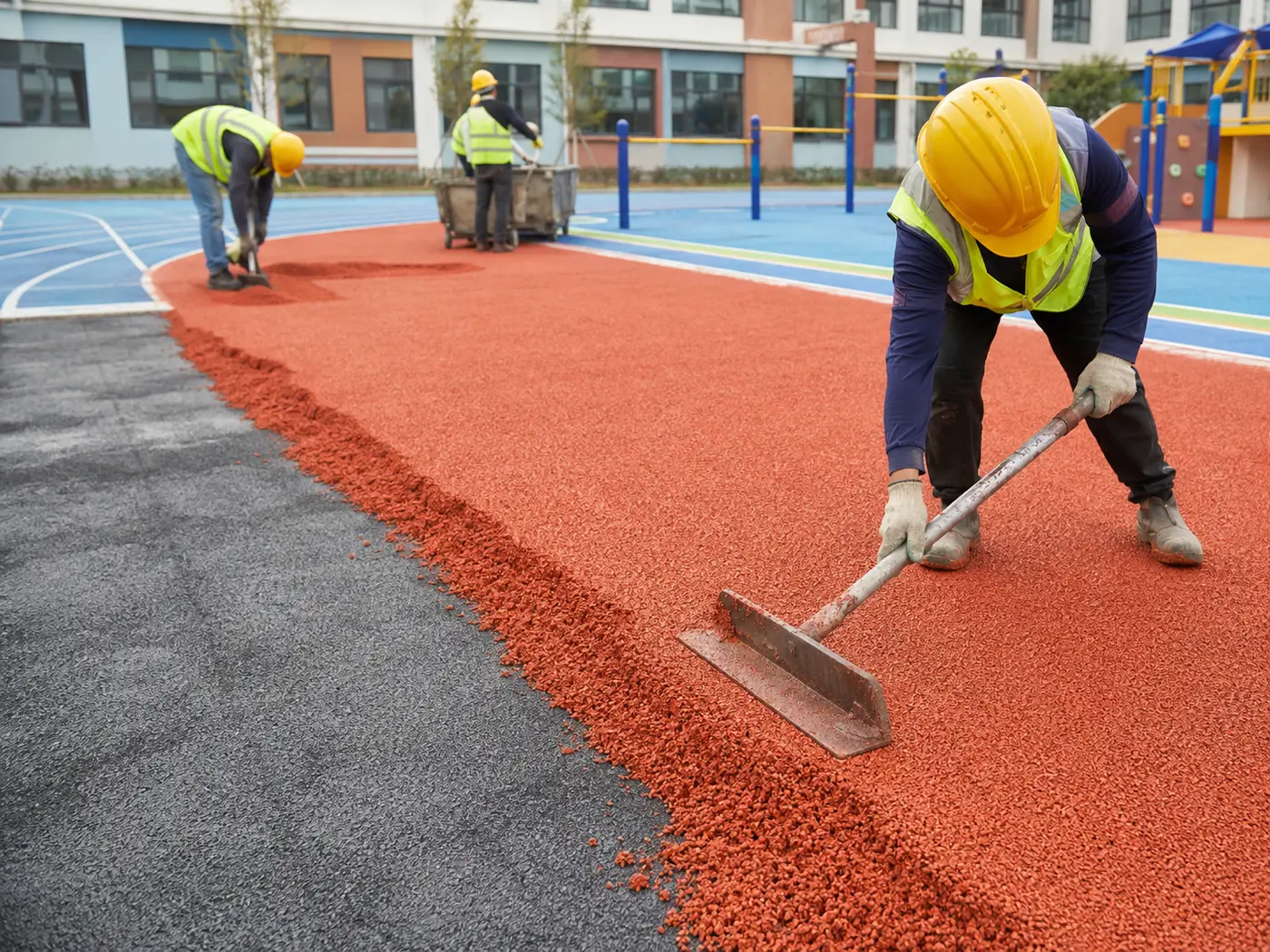 Installation of colored EPDM wet pour sports and playground flooring