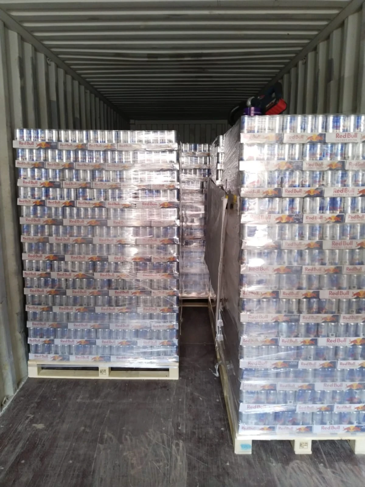Red Bull stock inside export container